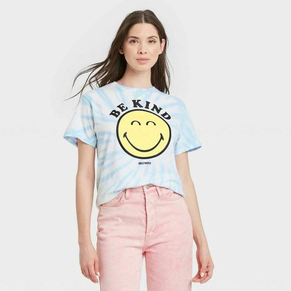 Women's SmileyWorld Short Sleeve Graphic Boyfriend T-Shirt - Light Blue Tie-Dye